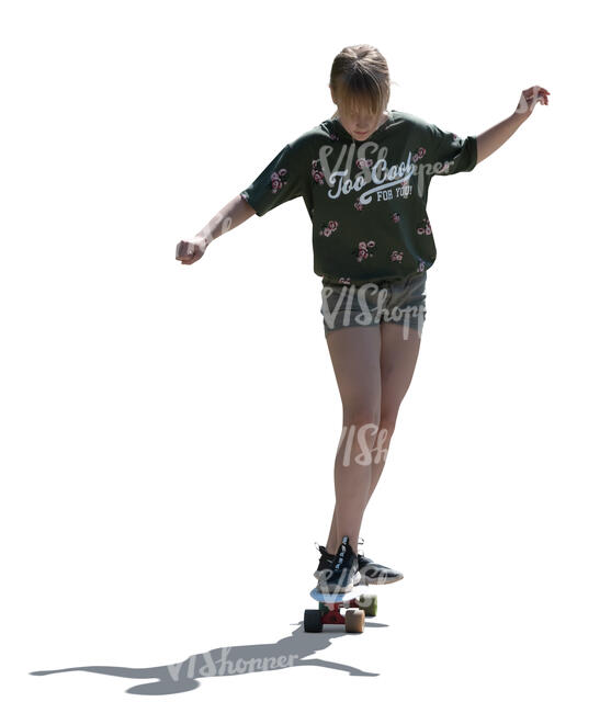 cut out backlit girl riding a skateboard