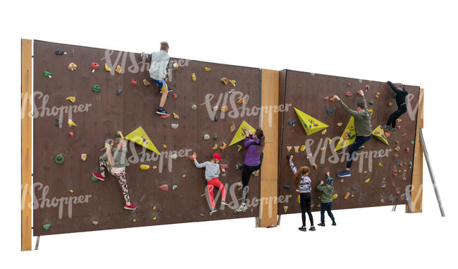 cut out group of kids and adults climbing on a climbing wall