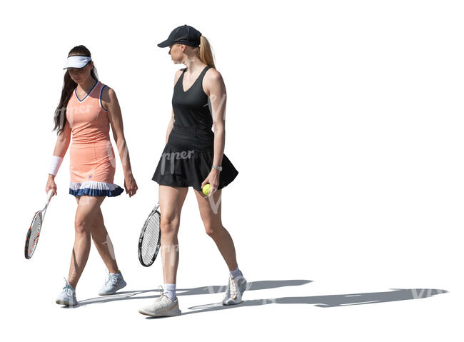 two cut out female tennis players walking