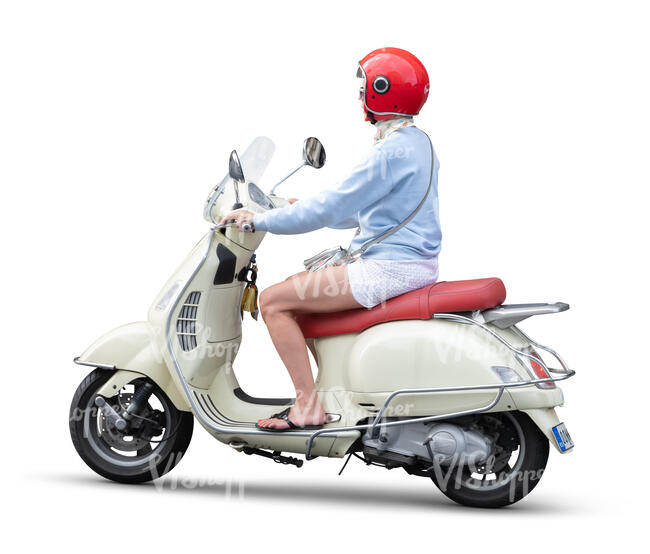 cut out woman riding a white vespa motor scooter