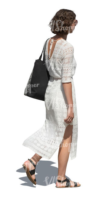 cut out woman in a white summer dress walking
