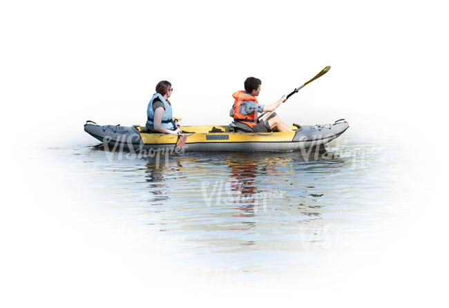 two cut out people paddling with canoe in the water