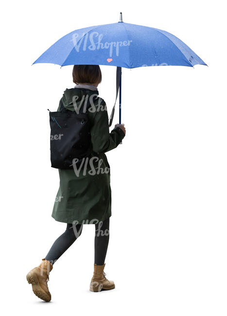 cut out woman with a blue umbrella walking in the rain