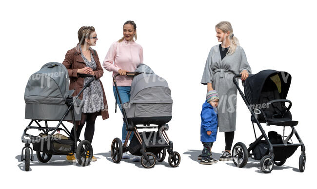 three cut out women with baby carriages standing and talking