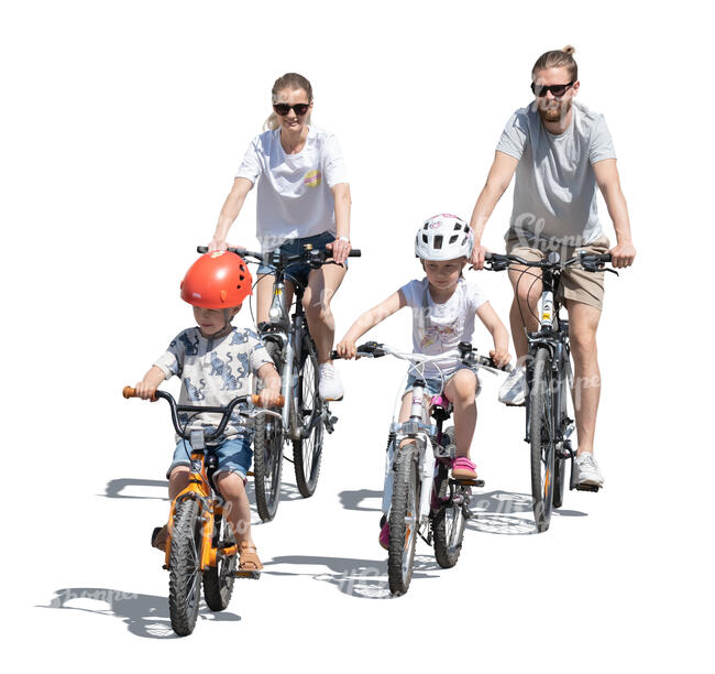 cut out family with two kids riding bikes