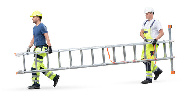two cut out workmen carrying a ladder