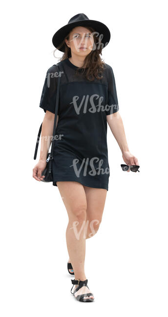 cut out woman in a black mini dress walking