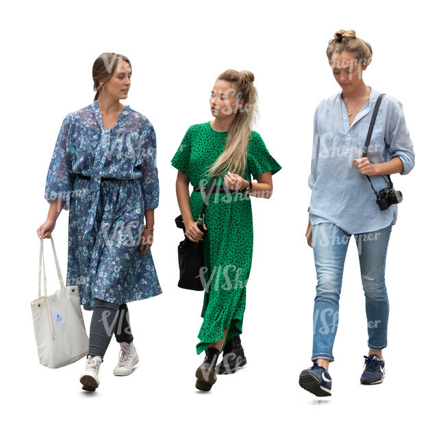 three cut out women walking and talking