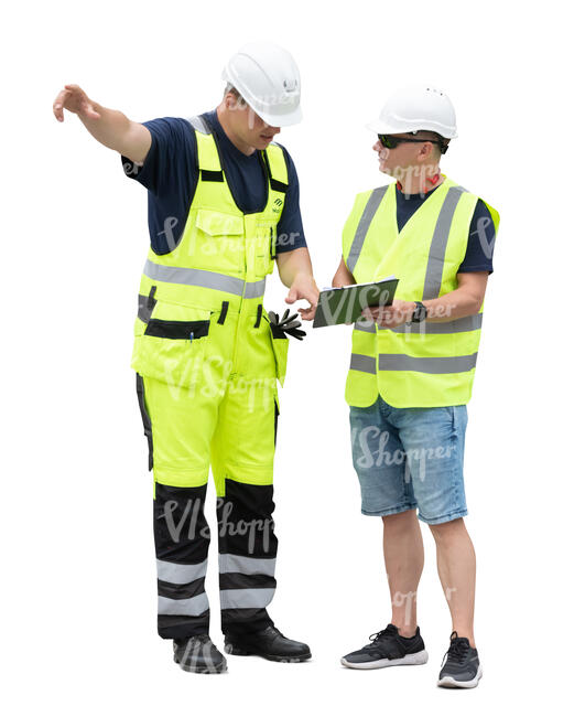 two cut out construction workers discussing plans