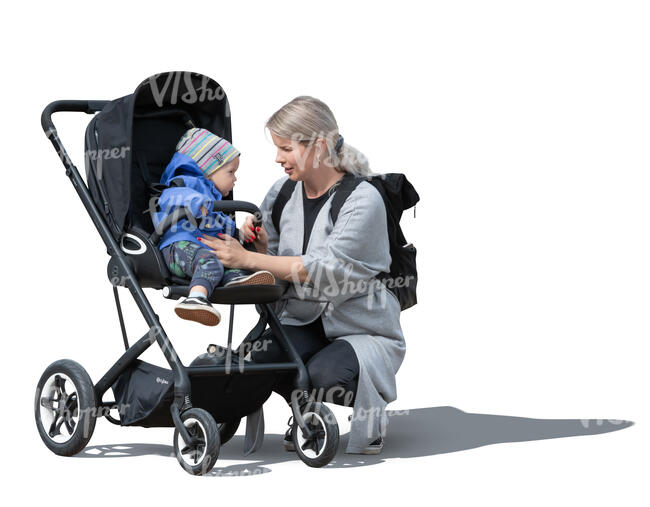 cut out woman talking with her little child in a stroller