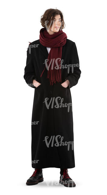 cut out woman in a long black overcoat standing