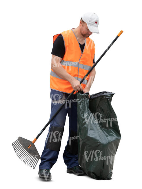 cut out municipal worker with rake nad trash bag standing