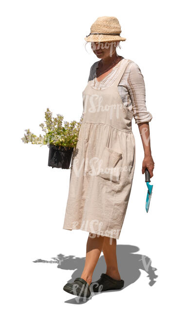 cut out female gardener going to plant some flowers