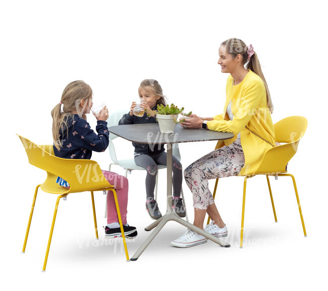 cut out woman with two daughters sitting in a cafe
