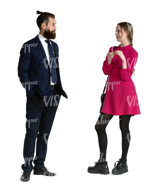 cut out man and woman at a party standing and talking