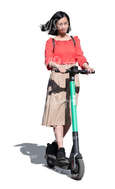 cut out young asian woman riding an electric scooter