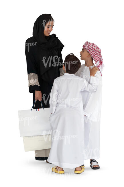 cut out arab woman standing and talking with her two sons