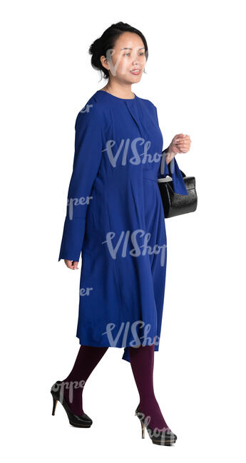 cut out asian woman in a blue dress walking