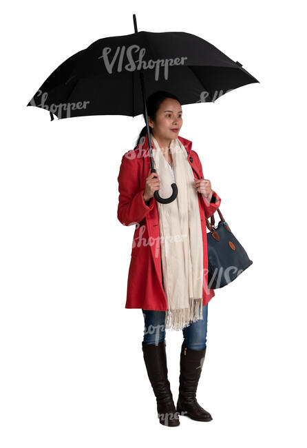 cut out woman with an overcoat and an umbrella standing