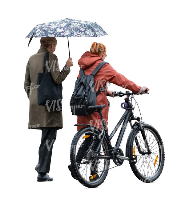 two cut out women with a bike walking in the rain