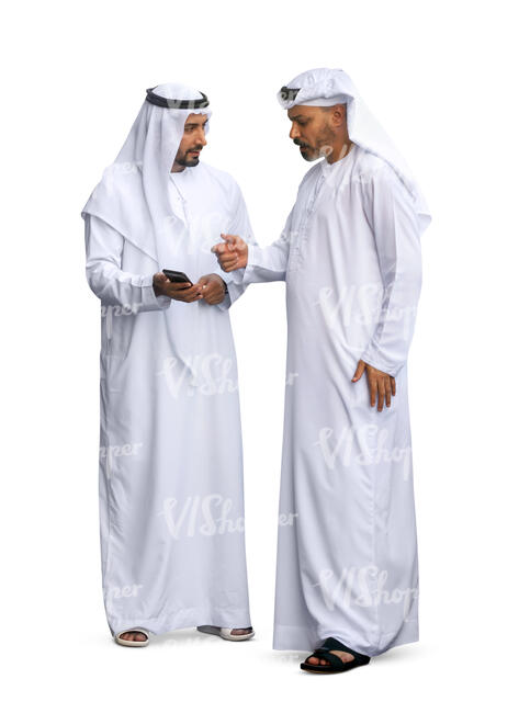 two cut out arab men wearing emirati kandoras standing and talking