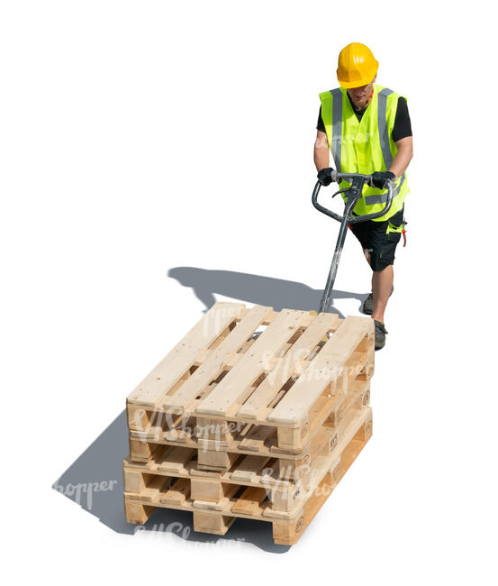 cut out worker transporting pallets with a forklift seen from above