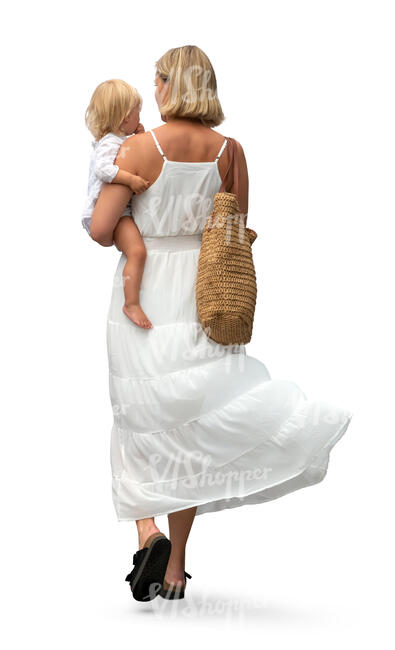 cut out woman in a white dress walking with a baby in her lap