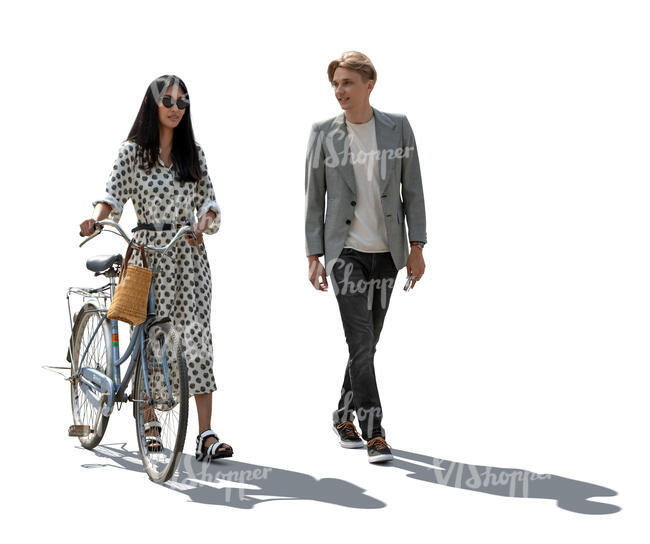 cut out backlit man and a woman with a bike walking and talking