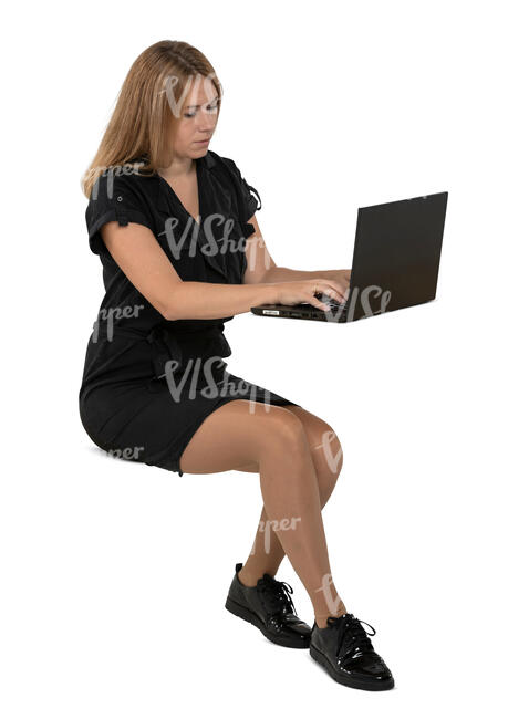 cut out woman sitting at a table with laptop