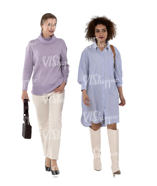 two cut out women walking and talking