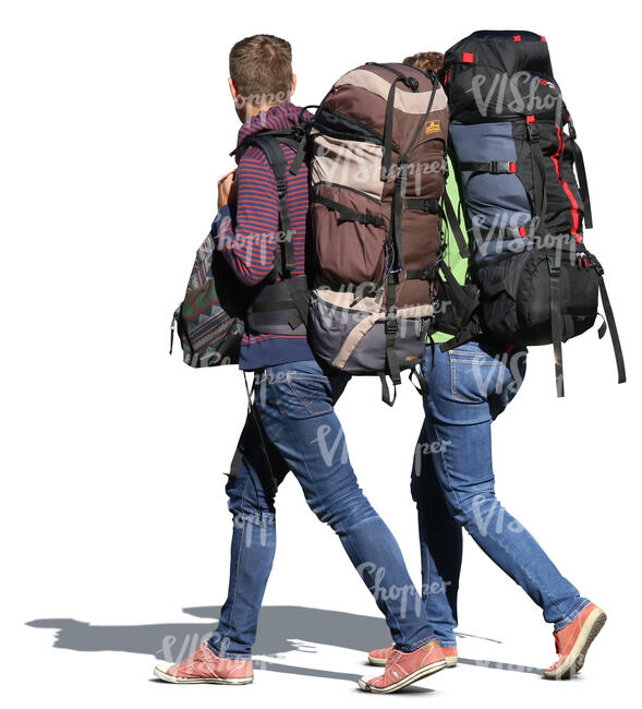 man and woman with huge backpacks walking side by side