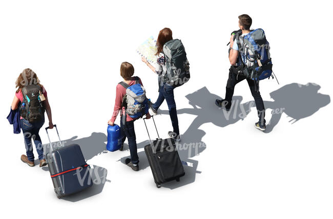 four people with suitcases seen from above
