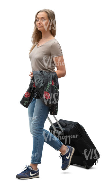 cut out young woman with a suitcase walking