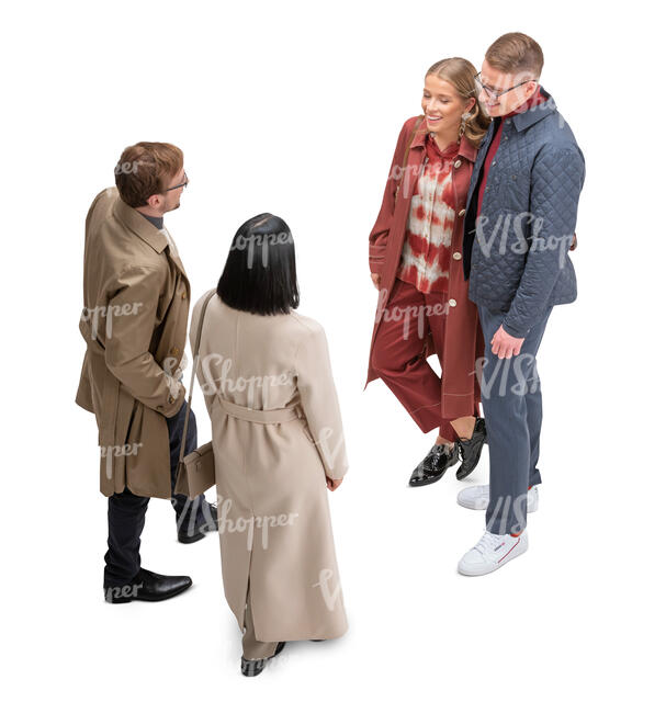 cut out top view of four people wearing coats talking