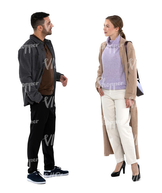 two cut out people wearing light jackets standing and talking