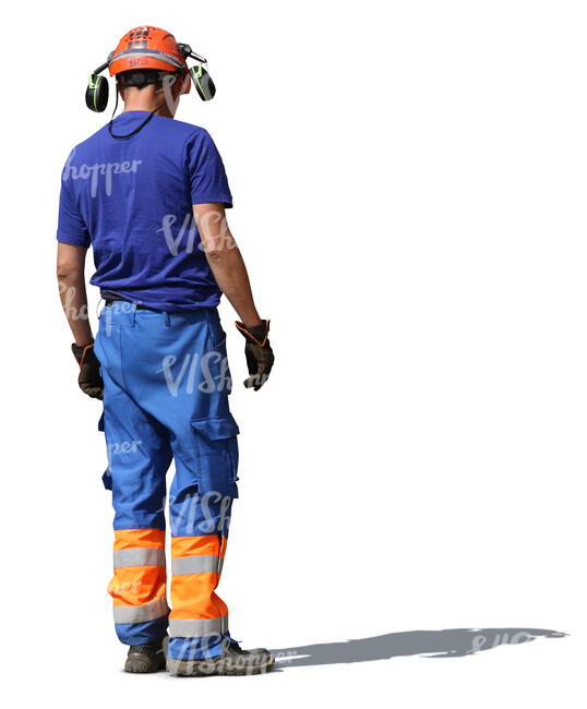 construction worker with helmet and headphones standing