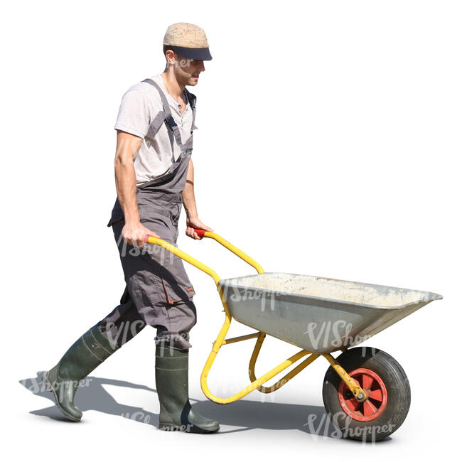 man pushing a wheel-barrow