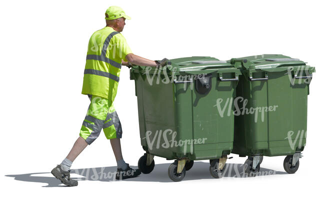 worker pushing carbage bins