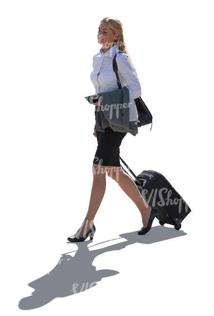 cut out backlit businesswoman with a suitcase walking