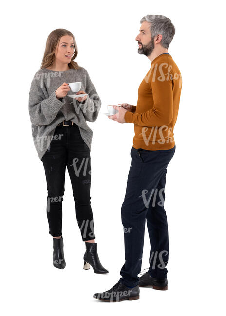 cut out man and woman standing and drinking coffee