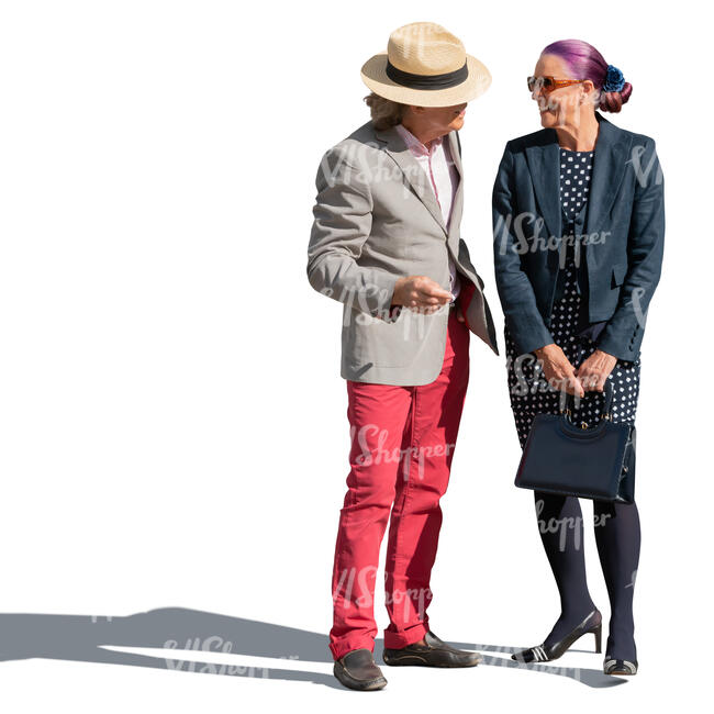 senior man and woman standing and talking