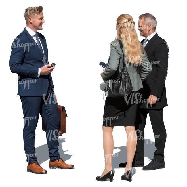 three cut out businesspeople standing and talking