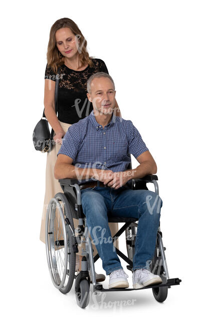 cut out woman pushing a man sitting in a wheelchair