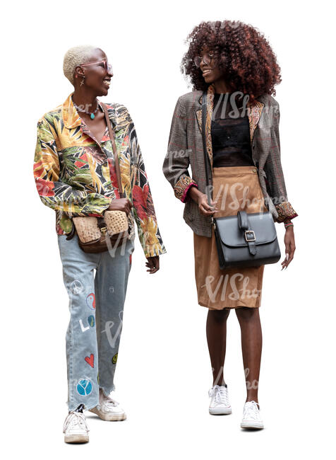 two cut out black women walking and having a joyful conversation