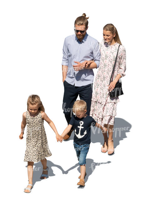 cut out family with two little kids walking seen from above