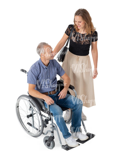cut out woman standing and talking to a man in a wheelchair