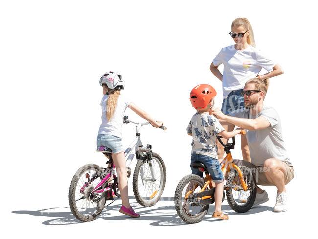 cut out family getting kids ready for a biking trip