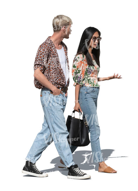 two cut out people walking and talking