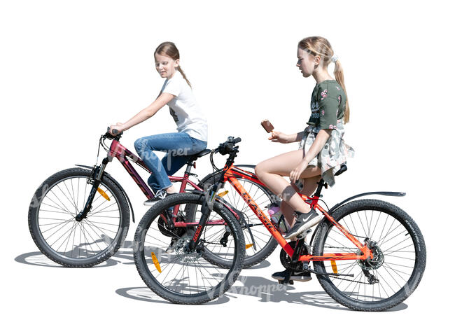 two cut out girls riding bikes and eating ice cream