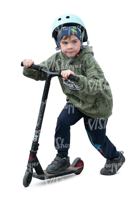 cut out little boy with a helmet riding a scooter